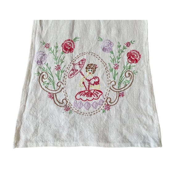 Vintage Table Runner Hand Embroidered Girl with Umbrella & Flowers decor 40" . - Picture 2 of 10
